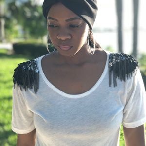 White Jeweled shoulder t-shirt